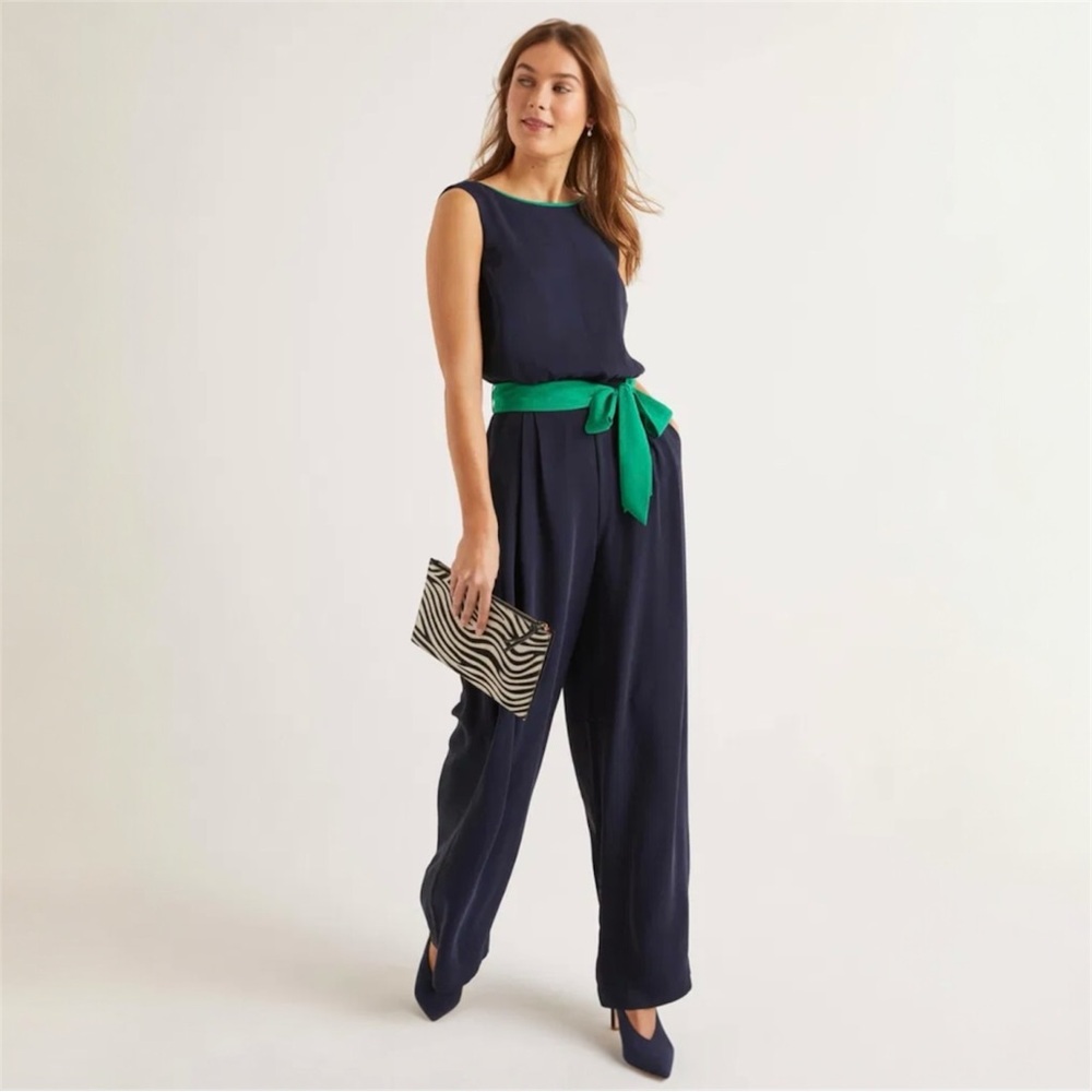 Boden Lottie Sleeveless Wide Leg Belted Jumpsuit in Navy Blue & Green Size 2